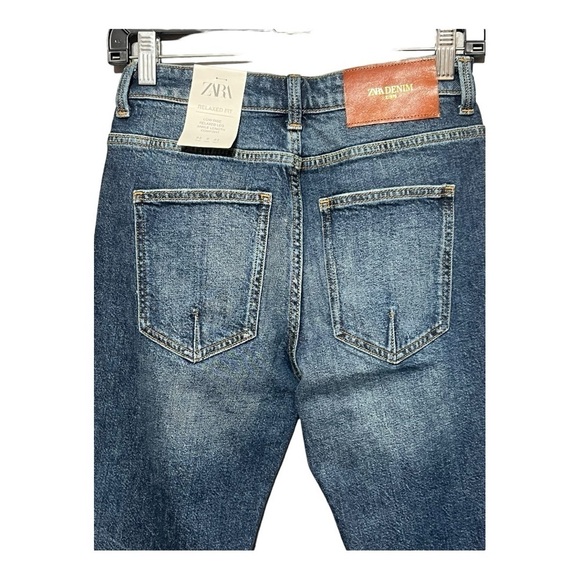 Zara Relaxed Fit Distressed Denim Jeans Sz 0 Low Rise Straight Leg Boho Western - Picture 4 of 6